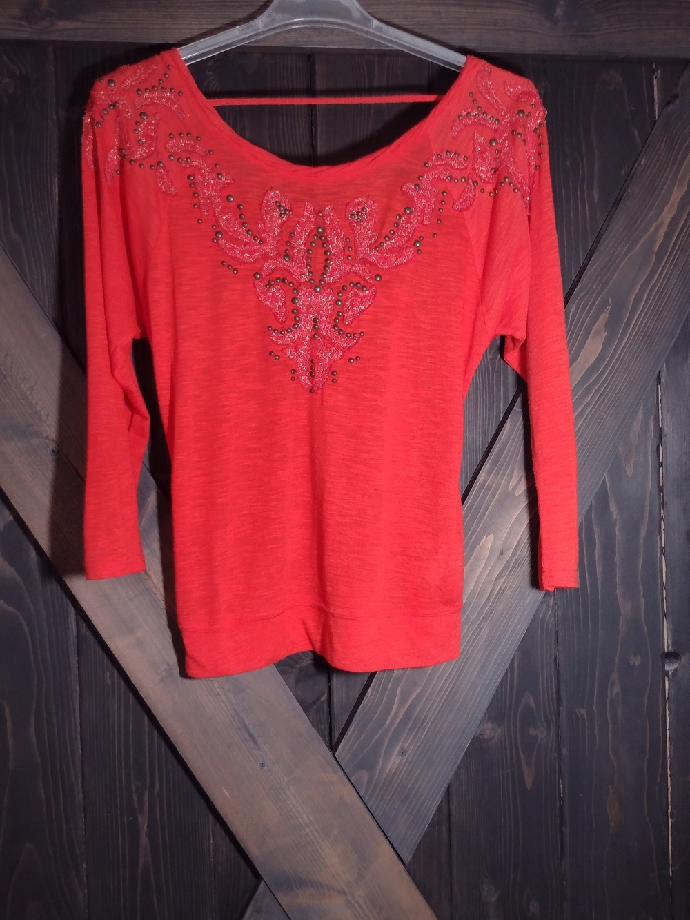 Miss Me Orange Embellished Long  Sleeve Top Open Back Size Small.